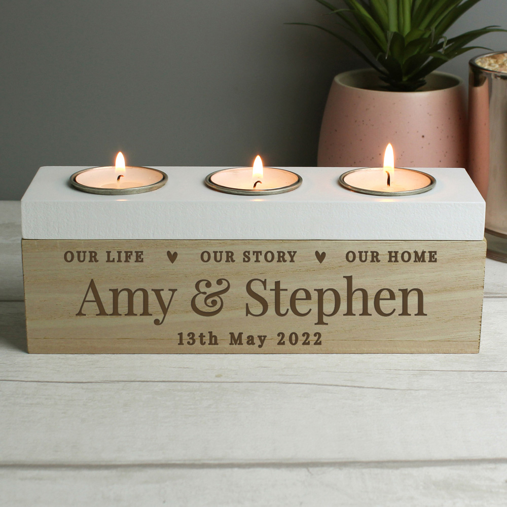Personalised Memento Personalised Our Life Story and Home Triple Tea Light Box Image 2