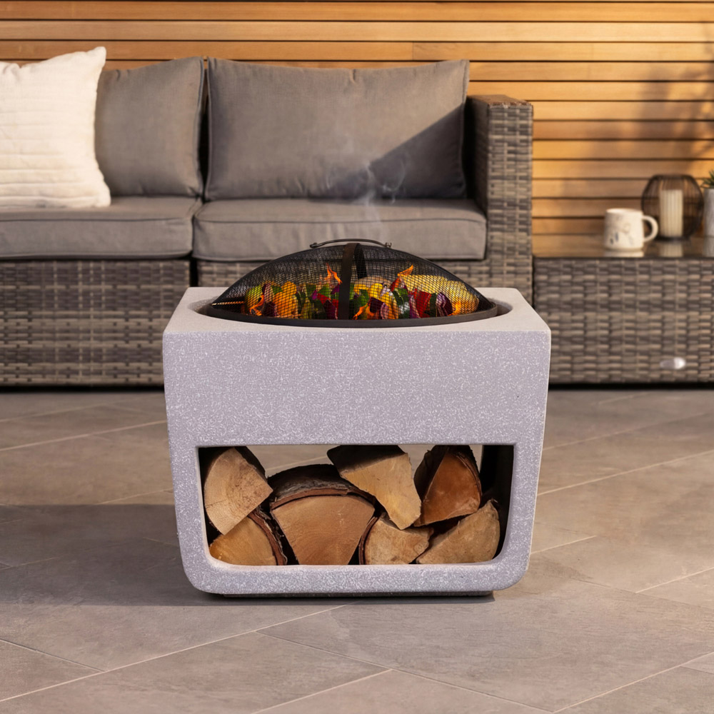 Charles Bentley Snug Lima Magnesia Square BBQ Firepit with Mesh Cover and Log Storage Image 8