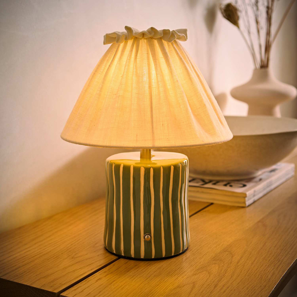 ValueLights Elma Green Stripe Linen Pleated Rechargeable Ceramic Table Lamp Image 2