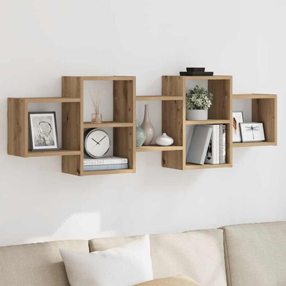 vidaXL 7 Shelf Artisanal Oak Wooden Wall Shelf Image 2