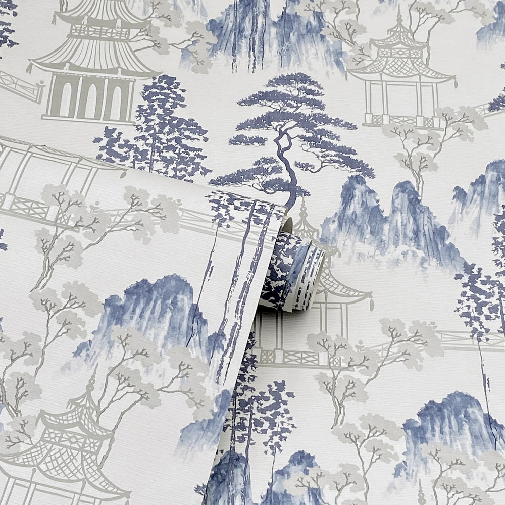 Arthouse Japanese Pagoda Blue and Grey Wallpaper Image 2