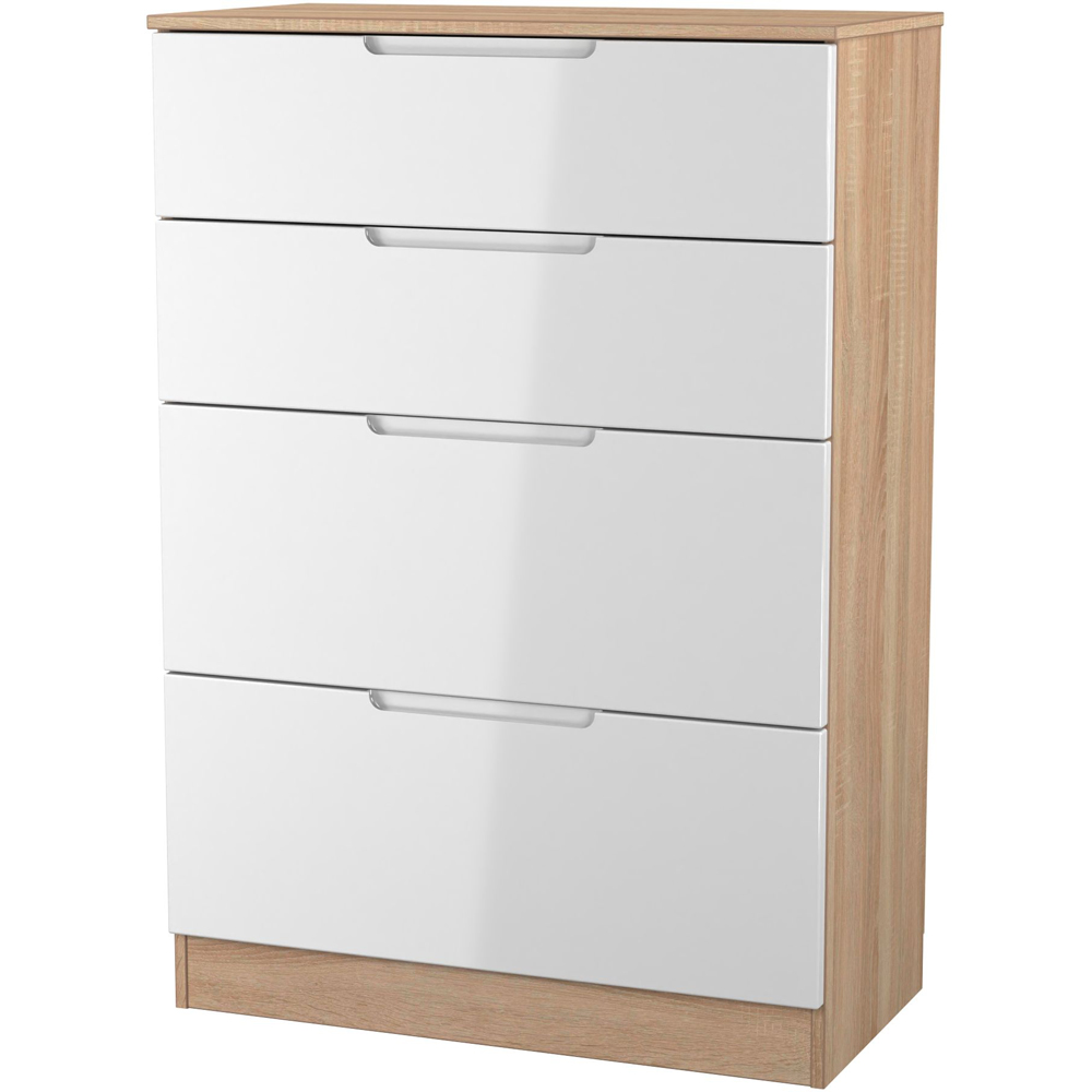 Crowndale Milan 4 Drawer White Gloss and Bardolino Oak Deep Chest of Drawers Ready Assembled Image 3