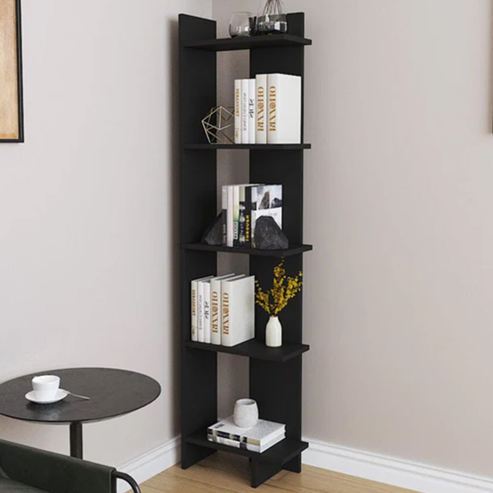 H&O Direct 5 Shelf Black Corner Bookshelf Image 1