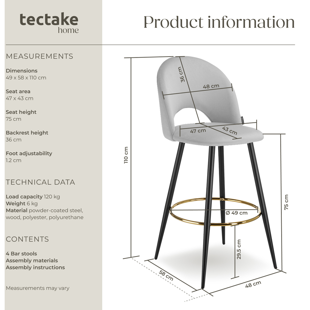 tectake Rachel Light Grey and Black Bar Stool Set of 4 Image 8