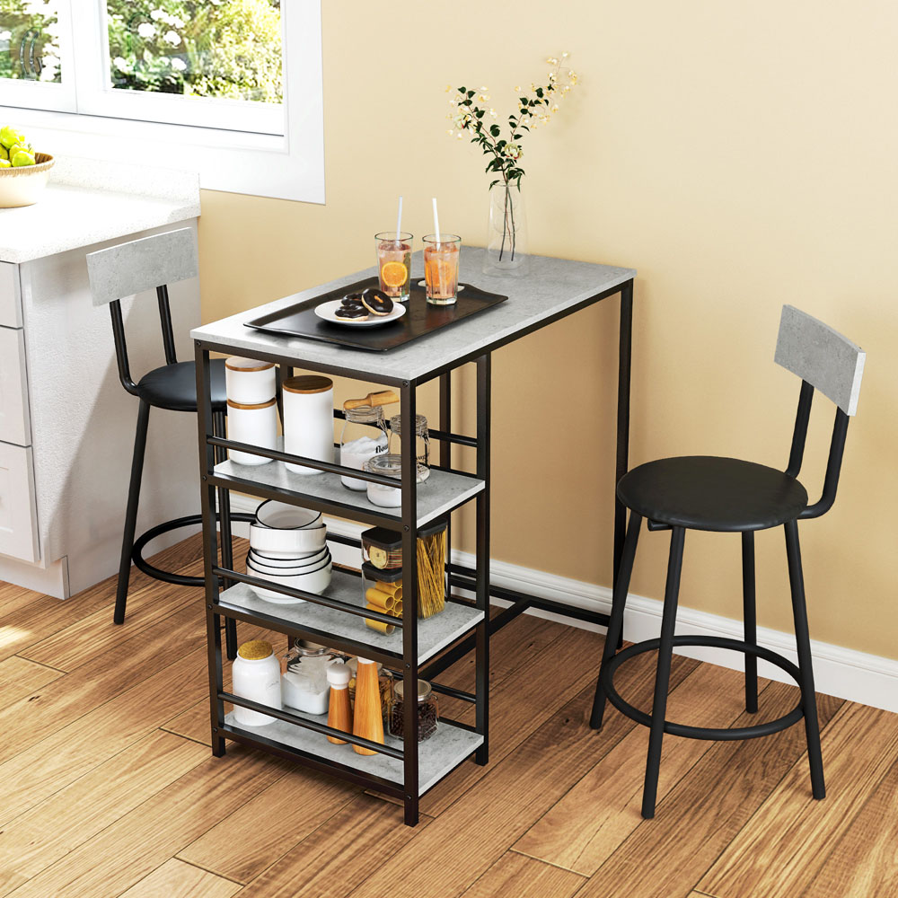 HOMCOM 2 Seater 3 Shelf Light Grey Breakfast Bar Table Set Image 4