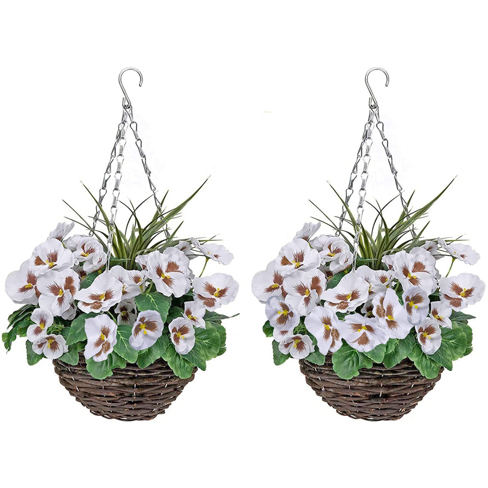 GreenBrokers Artificial White Pansies Round Rattan Hanging Plant Baskets 2 Pack Image 1