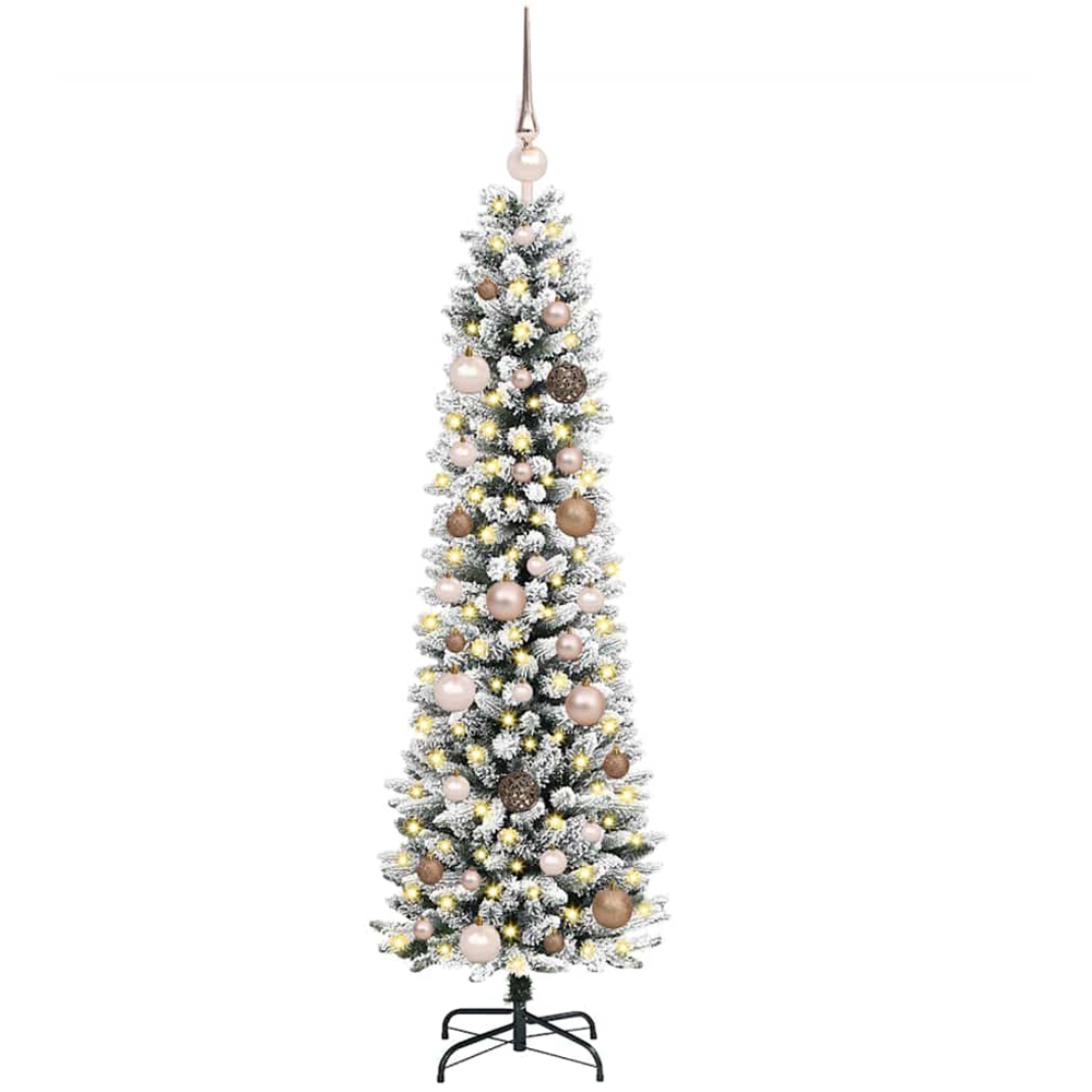vidaXL Pre-Lit Rose Gold Baubles Artificial Snow Flocked Christmas Tree 5ft Image 1