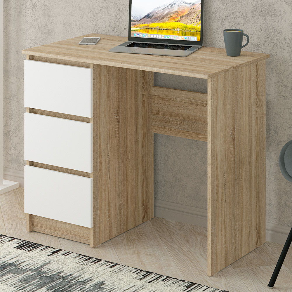Shefa Cina 3 Drawer Compact Computer Desk Sonoma Oak and White Image 1
