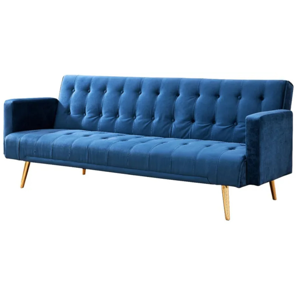 Comfy Living 3 Seater Blue and Gold Plush Velvet Sofa Bed Image 2