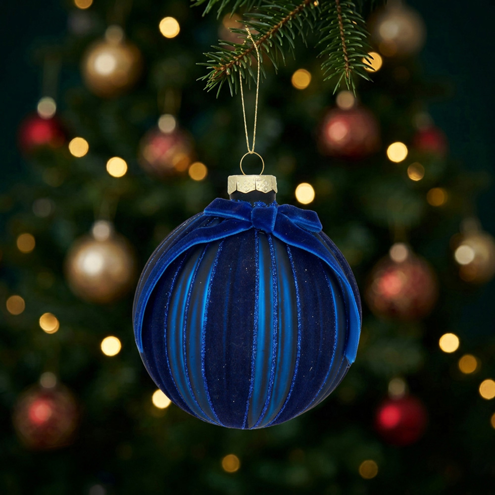 Navy Glitter Flocked Bow Bauble Image 3