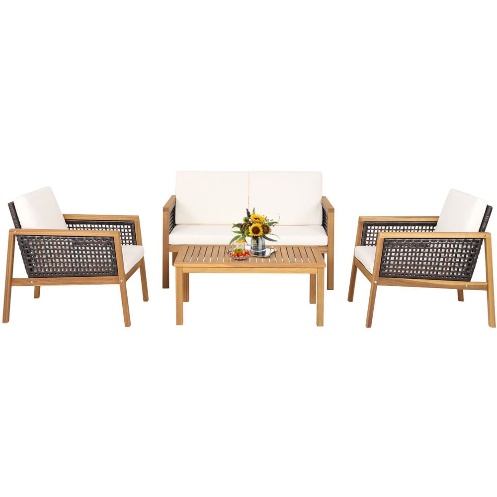 Costway 4 Seater White Patio Acacia Wood Furniture Set Image 2