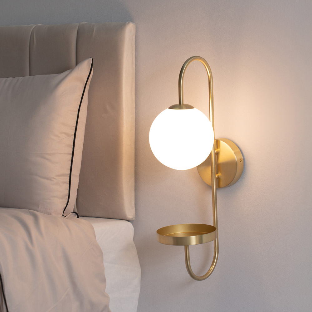ValueLights Milo Frosted Glass Globe Shade Curved Brushed Gold Wall Light with Shelf and Bulb Image 2