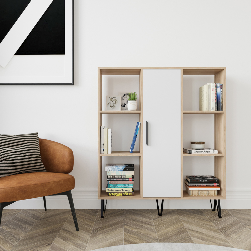 Decorotika Peoria Single Door 6 Shelf Oak and White Bookcase Image 4