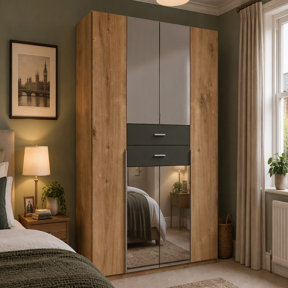 TJ'S Lviv 4 Door 2 Drawer Oak and Grey Wardrobe with Mirror Image 1