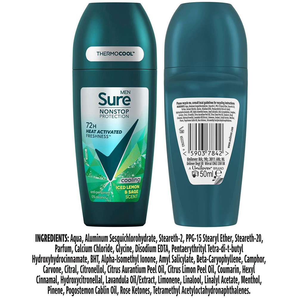 Sure Men Nonstop Protection Iced Lemon and Sage Antiperspirant Deo Roll On 50ml 6 Pack Image 7