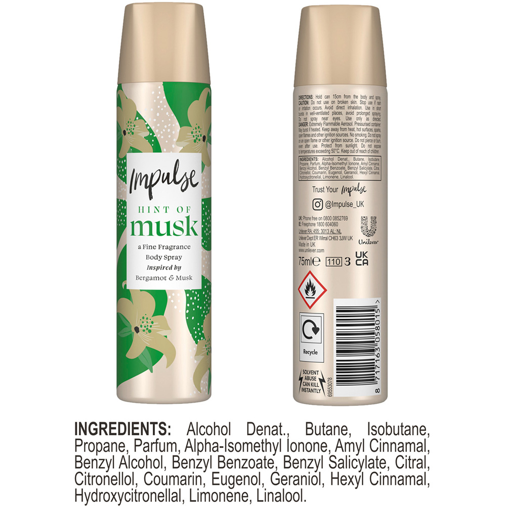 Impulse Hint of Musk Long Lasting Everyday Fragrance Body Spray Deodorant 75ml 6 Pack Image 8