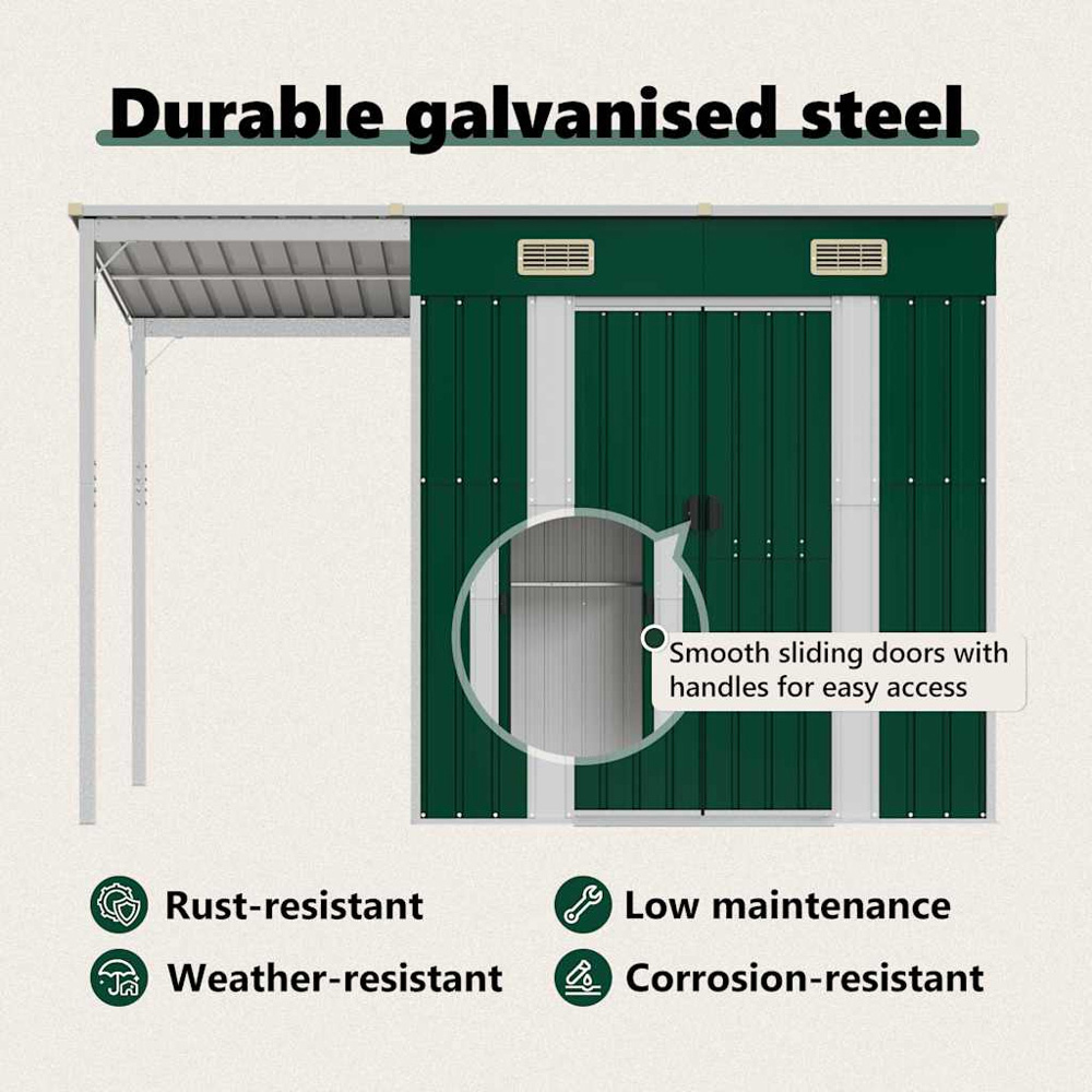 vidaXL 9 x 3.5ft Green Galvanised Steel Garden Shed with Extended Roof Image 6
