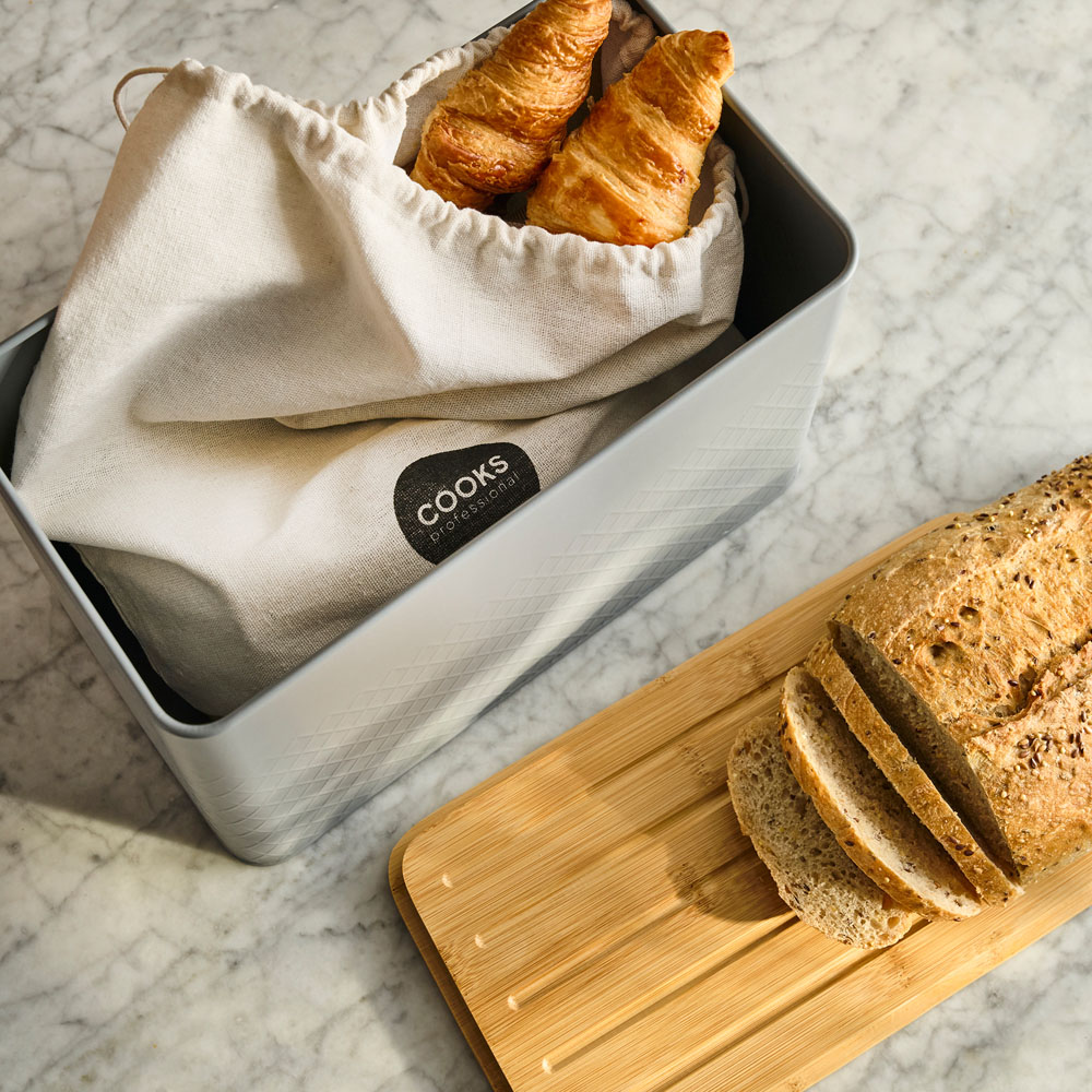 Cooks Professional Dark Grey Diamond Pattern Bread Bin with Linen Bag and Bamboo Lid Image 2