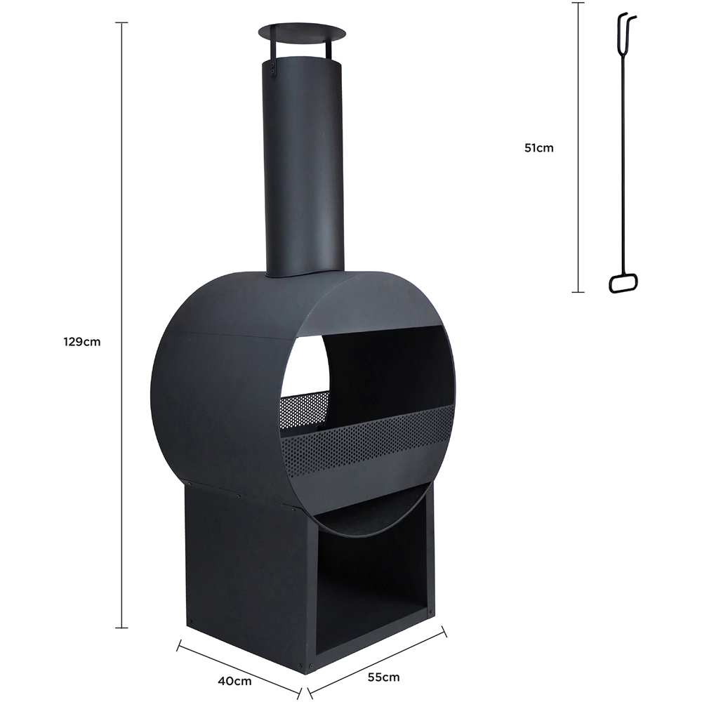 Charles Bentley Snug Sao Paul Black Powder Coated Steel Modern Chimenea with Poker and Log Storage Image 9