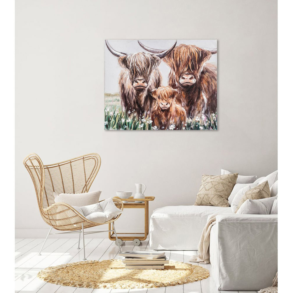 Hand Painted Highland Cow Family Canvas - Multicolour Image 2