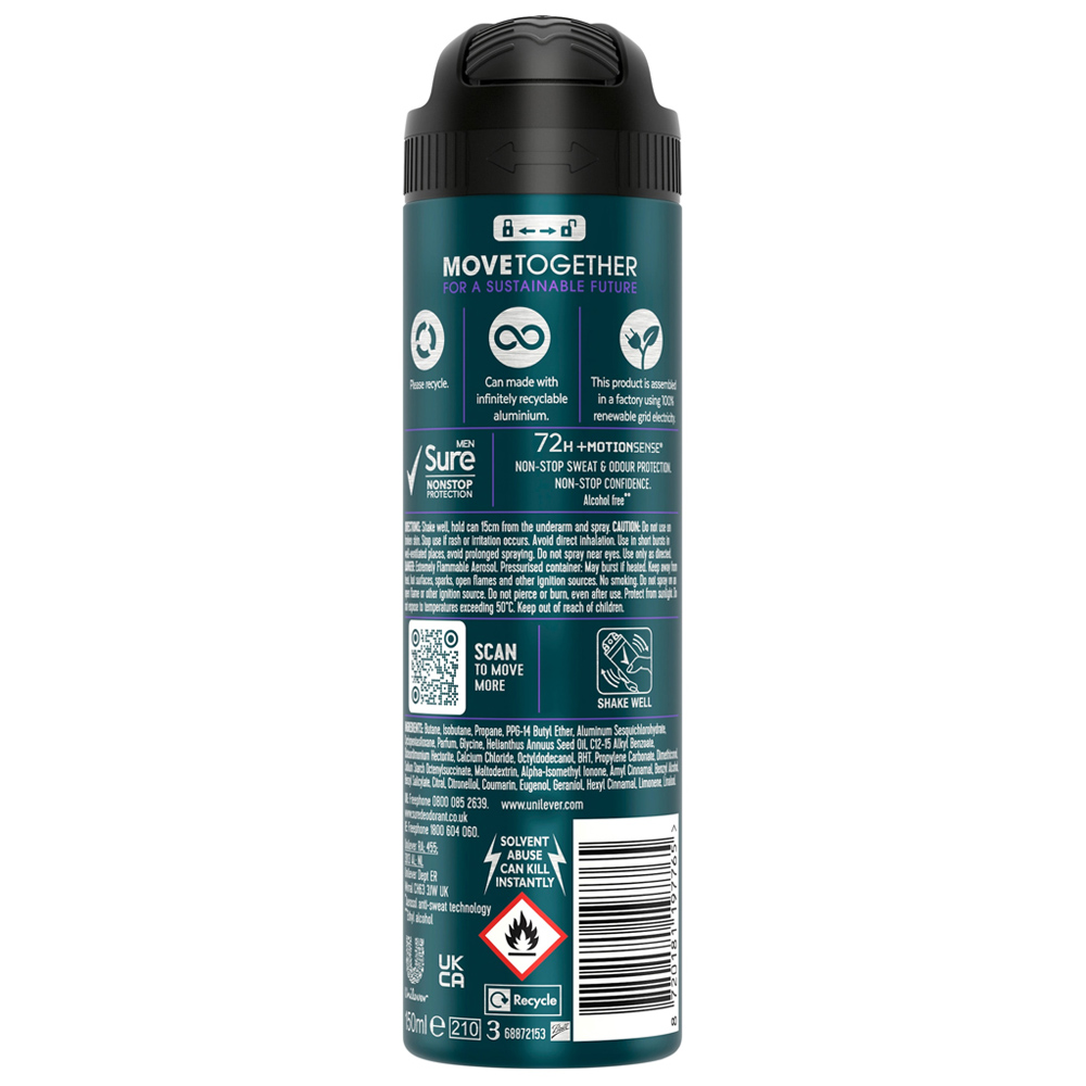Sure Men Nonstop Protection Active Dry Antiperspirant Deodorant Aerosol 150ml Image 2