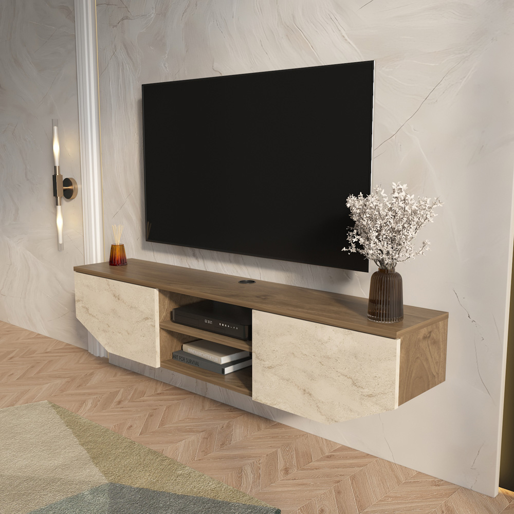 Decorotika Hera 2 Door 2 Shelf Walnut Travertine Wall Mounted TV Unit Image 6