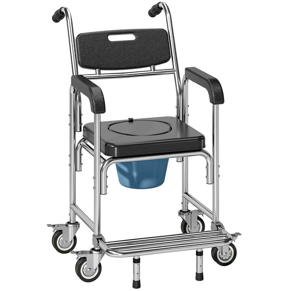 HOMCOM Black Transport Beside Shower Chair with Wheels and Padded Seat Image 1