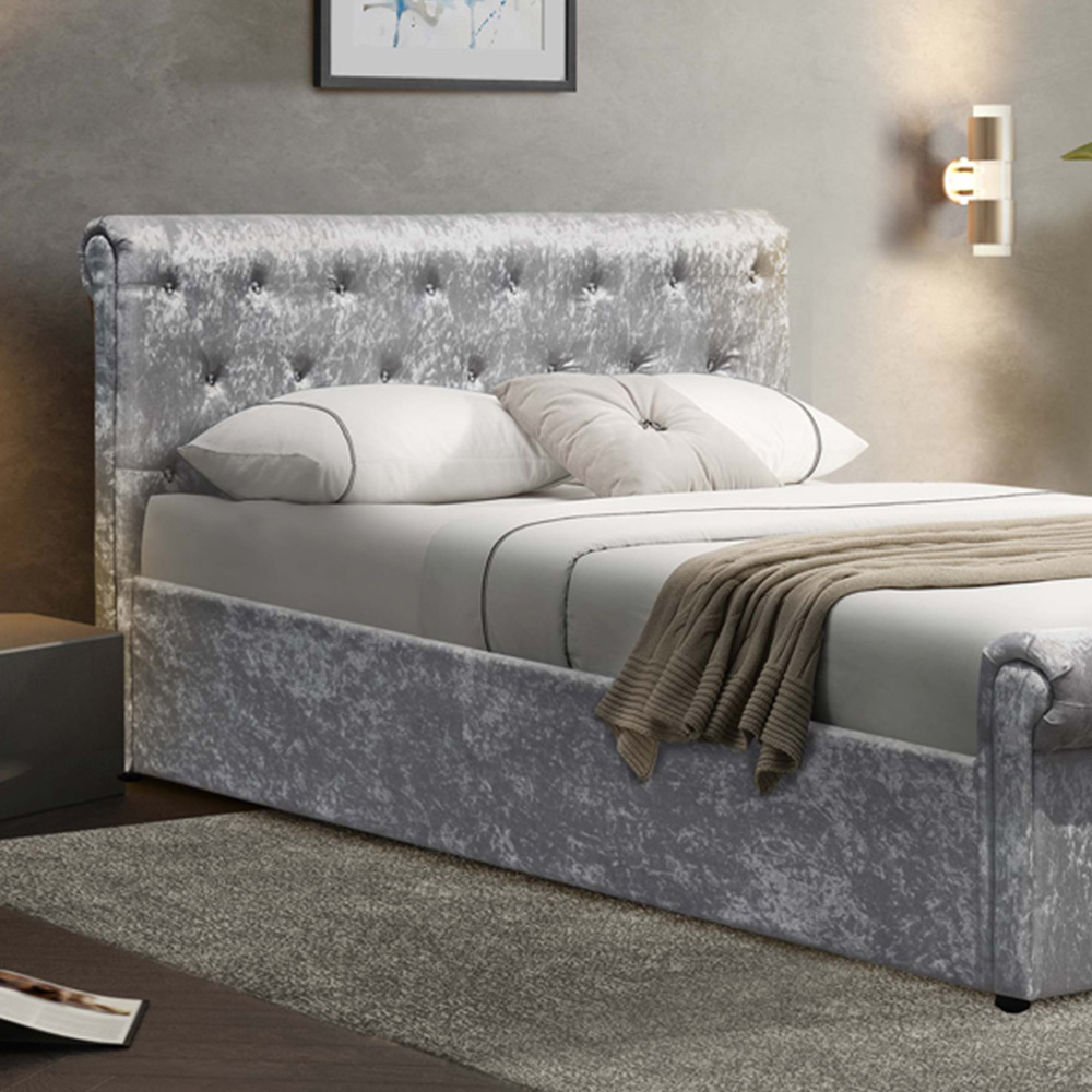 Brooklyn King Size Silver Crushed Velvet Diamante Chesterfield Sleigh Bed Frame Image 2