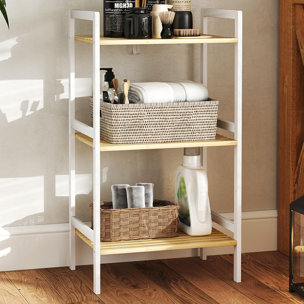 HOMCOM 3 Shelf White Adjustable Bamboo Bathroom Storage Shelf Image 1