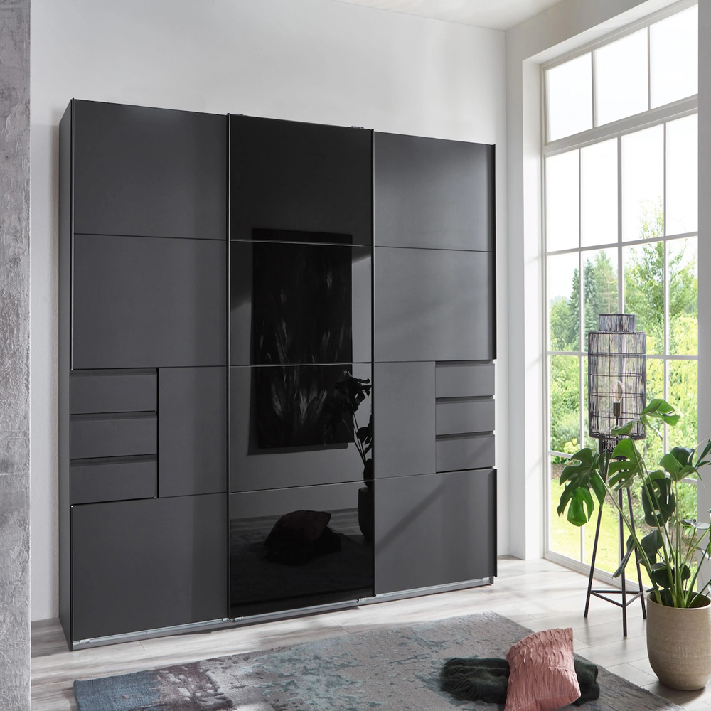 TJ'S Divac 3 Sliding Door 6 Drawer Graphite Black Glass Wardrobe Image 5