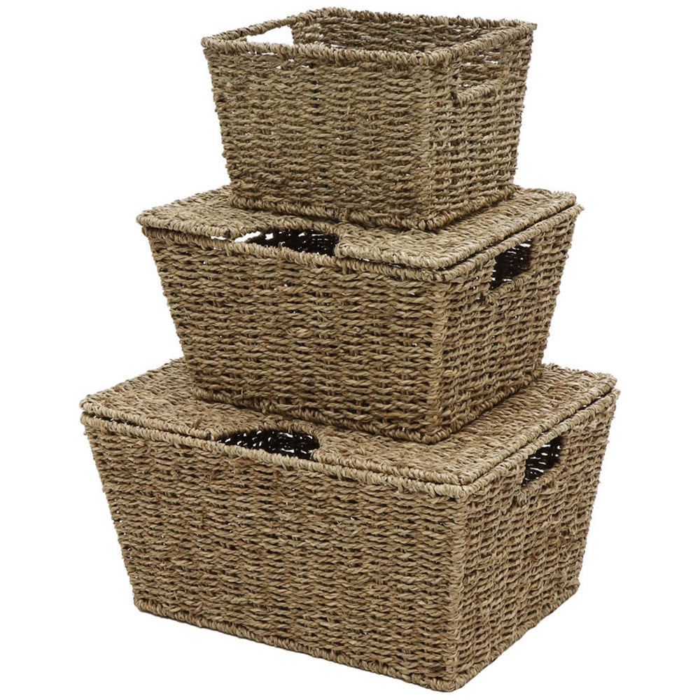 JVL Seagrass Rectangular Storage Baskets with Lids 3 Pack Image 1