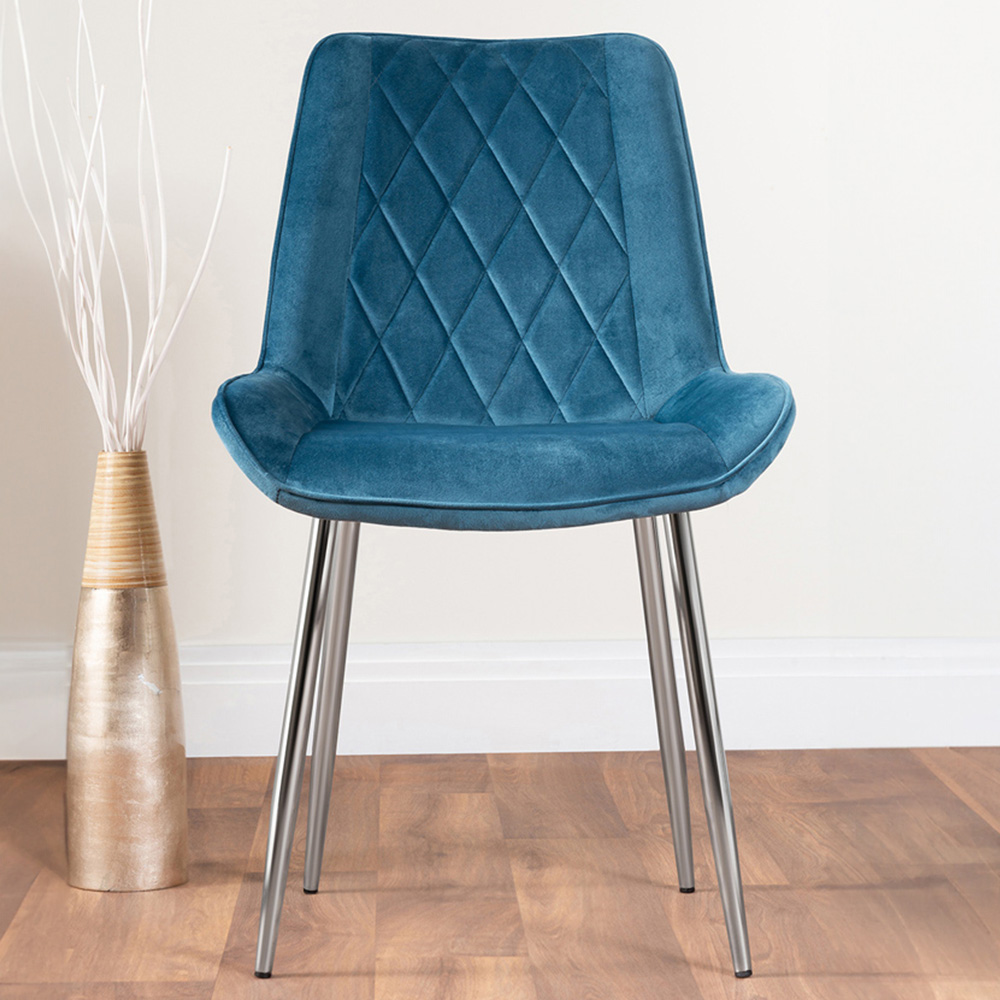 Furniturebox Cesano Set of 2 Blue and Chrome Velvet Dining Chair Image 1