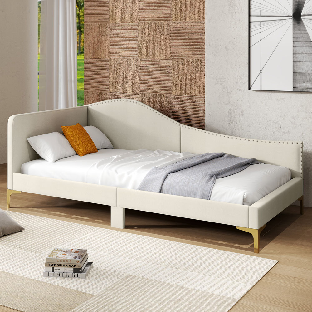 Costway Single Beige Upholstered Platform Bed with Metal Legs Image 1