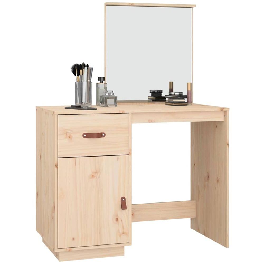 vidaXL Single Door Single Drawer Natural Solid Wood Pine Dressing Table with Mirror Image 4