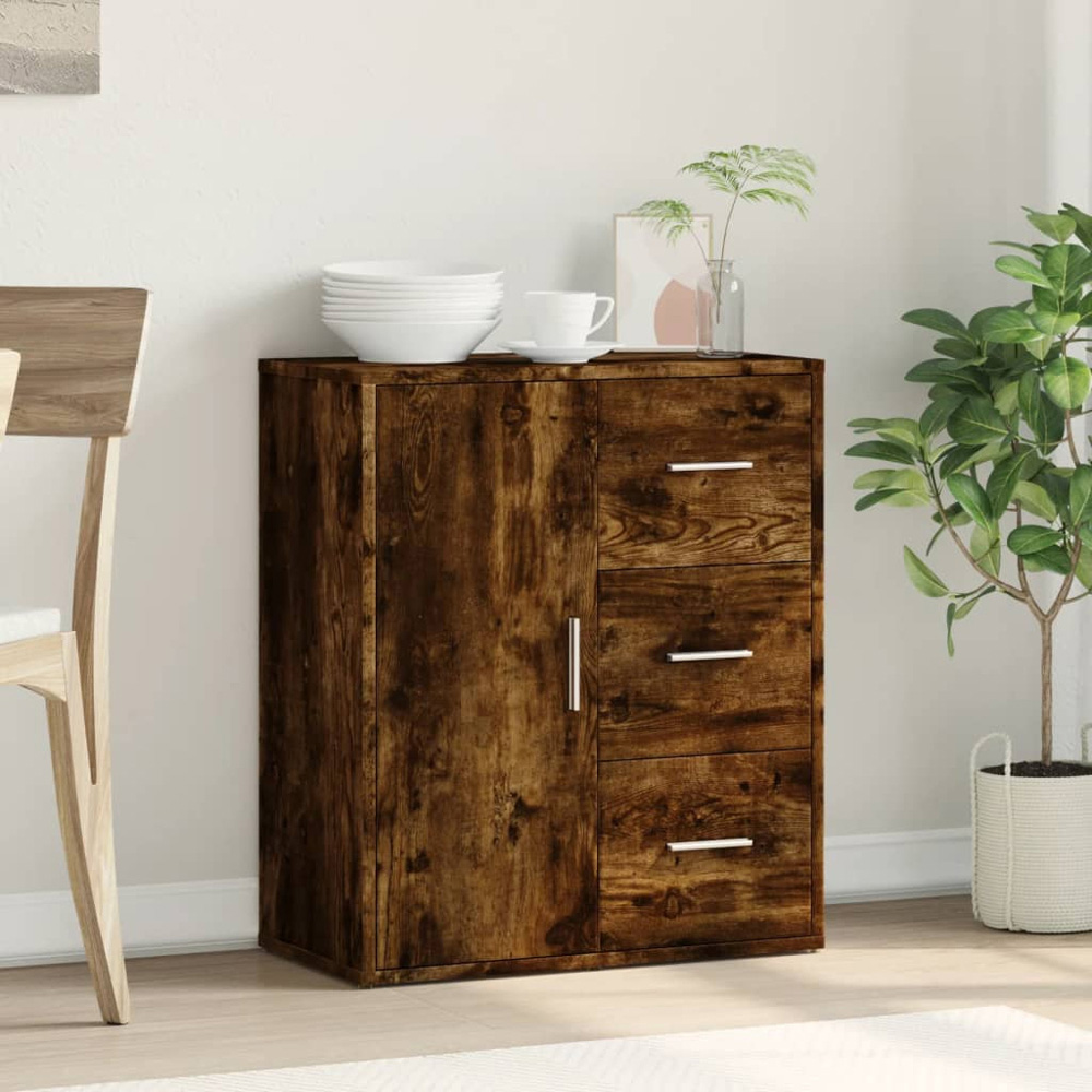 vidaXL Single Door 3 Drawer Smoked Oak Sideboard Image 3