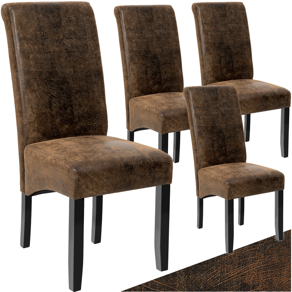 tectake Set of 4 Antique Brown Faux Leather High Backrest Dining Chair Image 2