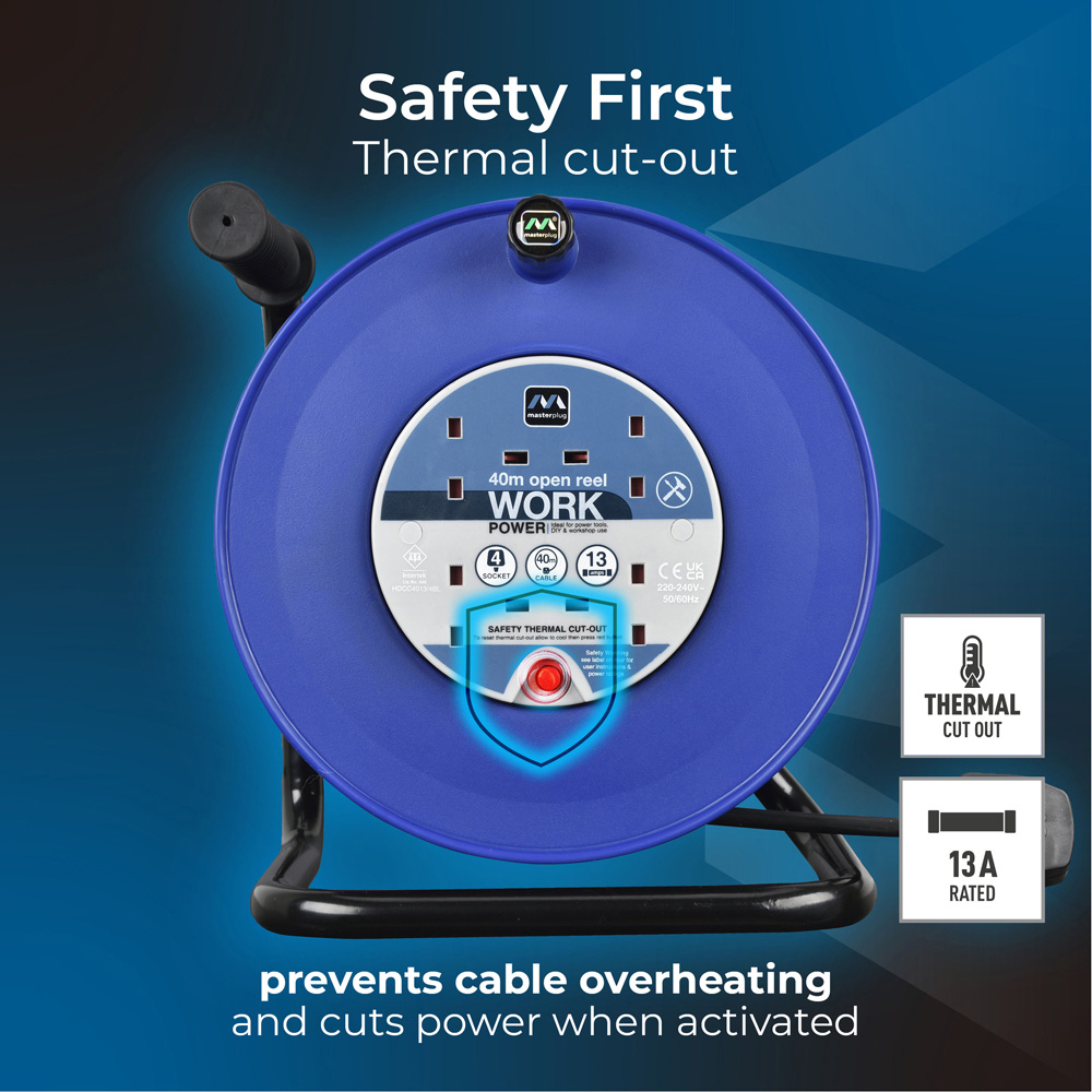 Masterplug Blue 13A 4 Socket Heavy Duty Open Cable Reel 40m Image 5
