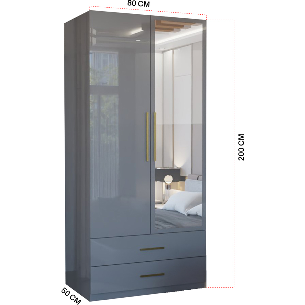 M N Furniture Glossera 2 Door 2 Drawer Grey High Gloss Mirrored Wardrobe 90cm Image 6