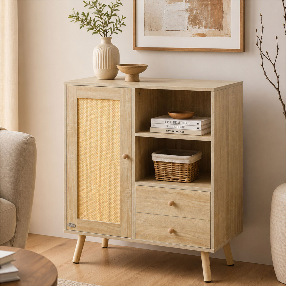 Abrihome Single Door 2 Drawer 2 Shelf Natural Wooden Rattan Side Cabinet Image 3