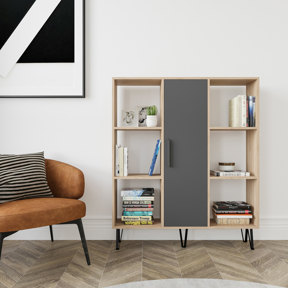 Decorotika Peoria Single Door 6 Shelf Oak and Anthracite Bookcase Image 4
