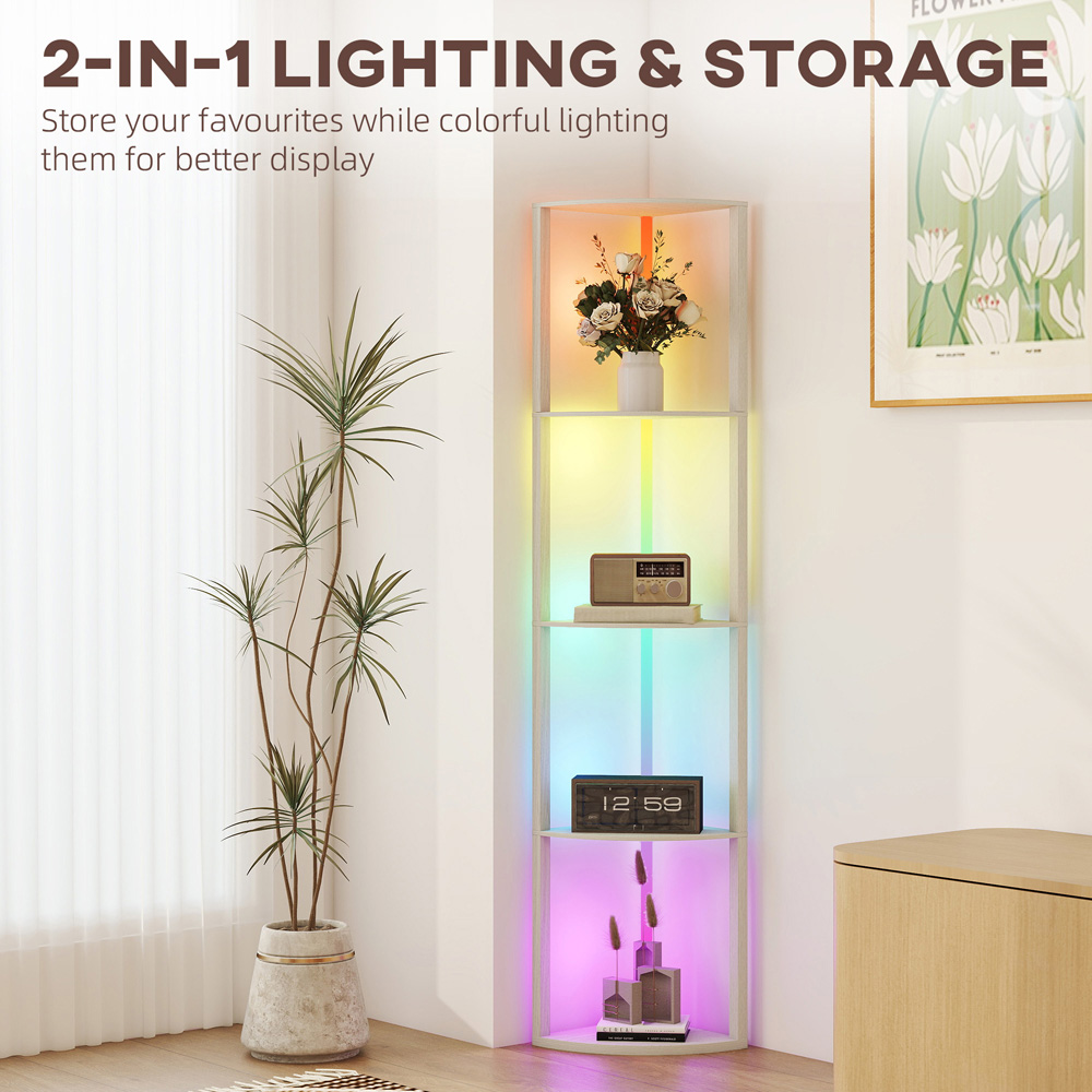 HOMCOM 5 Shelf Oak Dimmable RGB LED Floor Lamp Image 7