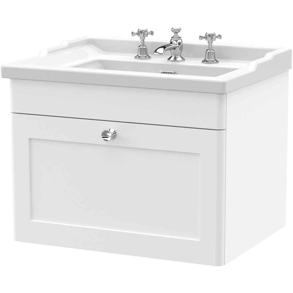 nuie Classique Single Drawer Satin White Wall Hung Unit and 3 Tap Hole Fireclay Basin 600mm Image 1