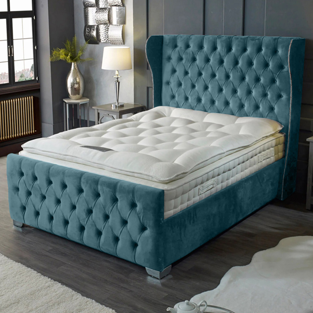 Eleganza Home Colleen Double Duck Egg Plush Velvet Bed Frame with Chesterfield Headboard Image 1