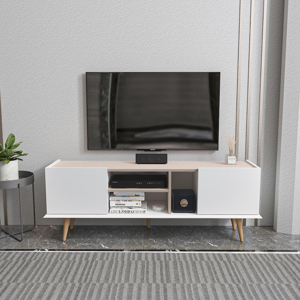 Decorotika Ecuador 2 Door 3 Shelf White and Beige TV Unit Image 5