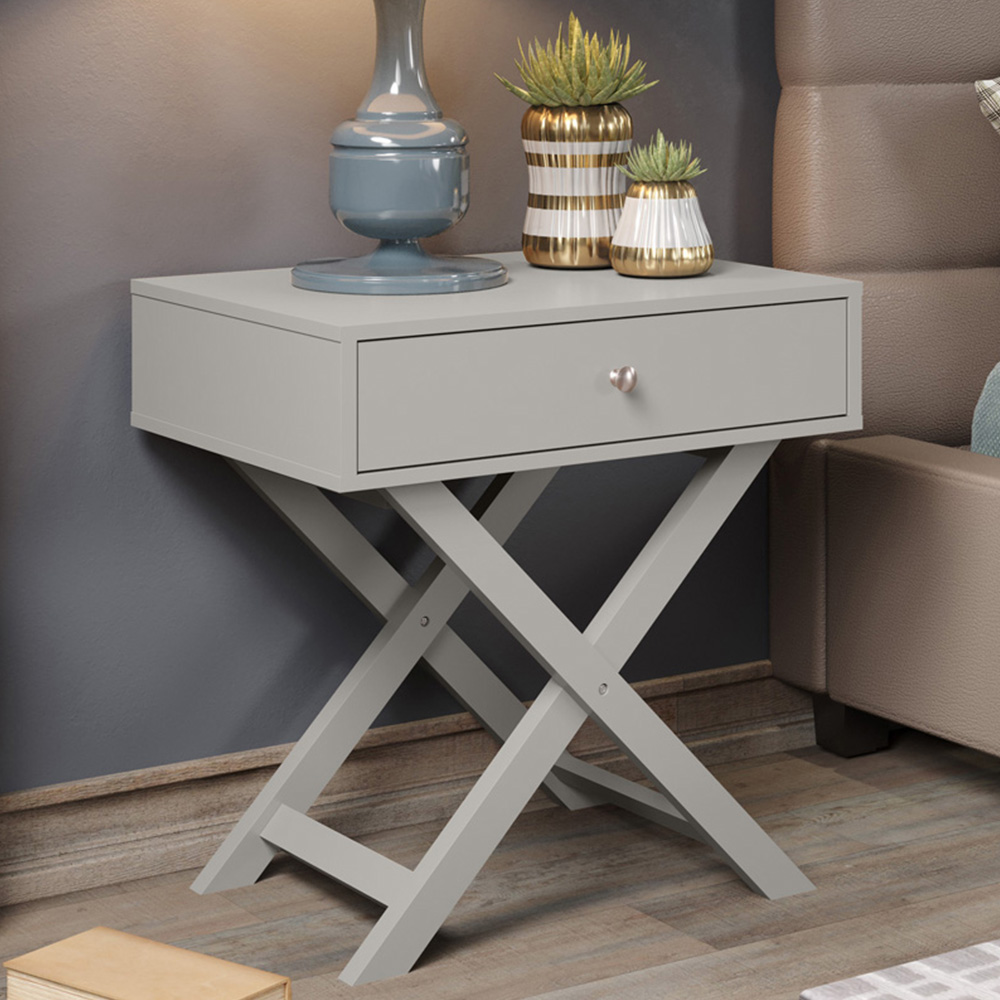 Leighton Single Drawer Light Grey X Legs Bedside Table Image 1