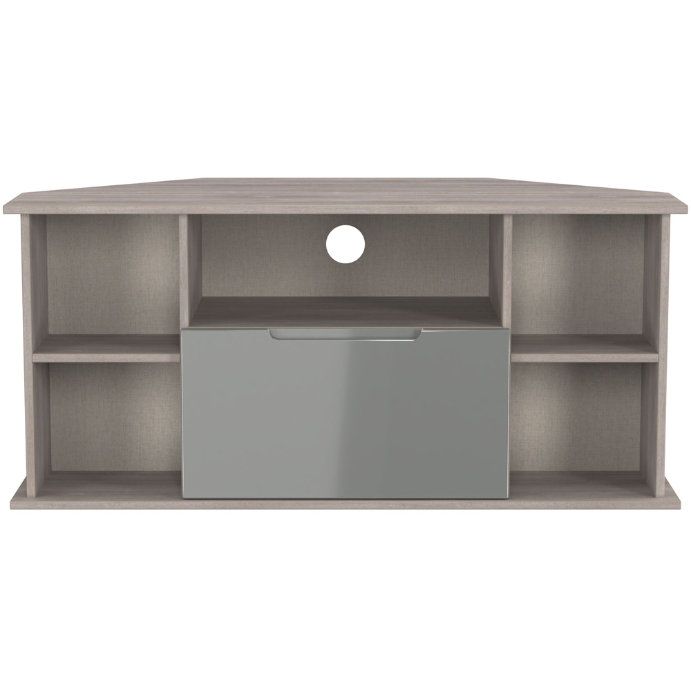 Crowndale Milan Single Drawer 5 Shelf Grey Gloss and Grey Oak Corner TV Unit Ready Assembled Image 3