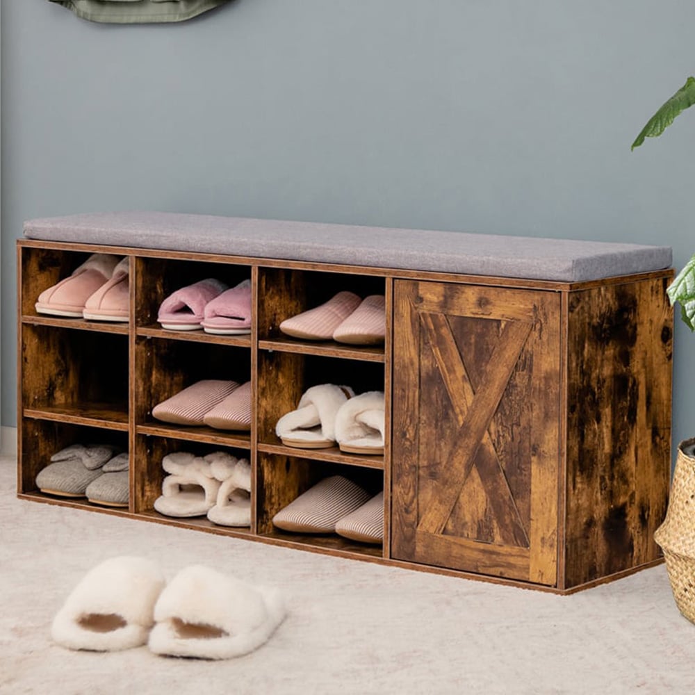 Costway 9 Cube Rustic Brown Shoe Storage Bench with Padded Cushion Image 1