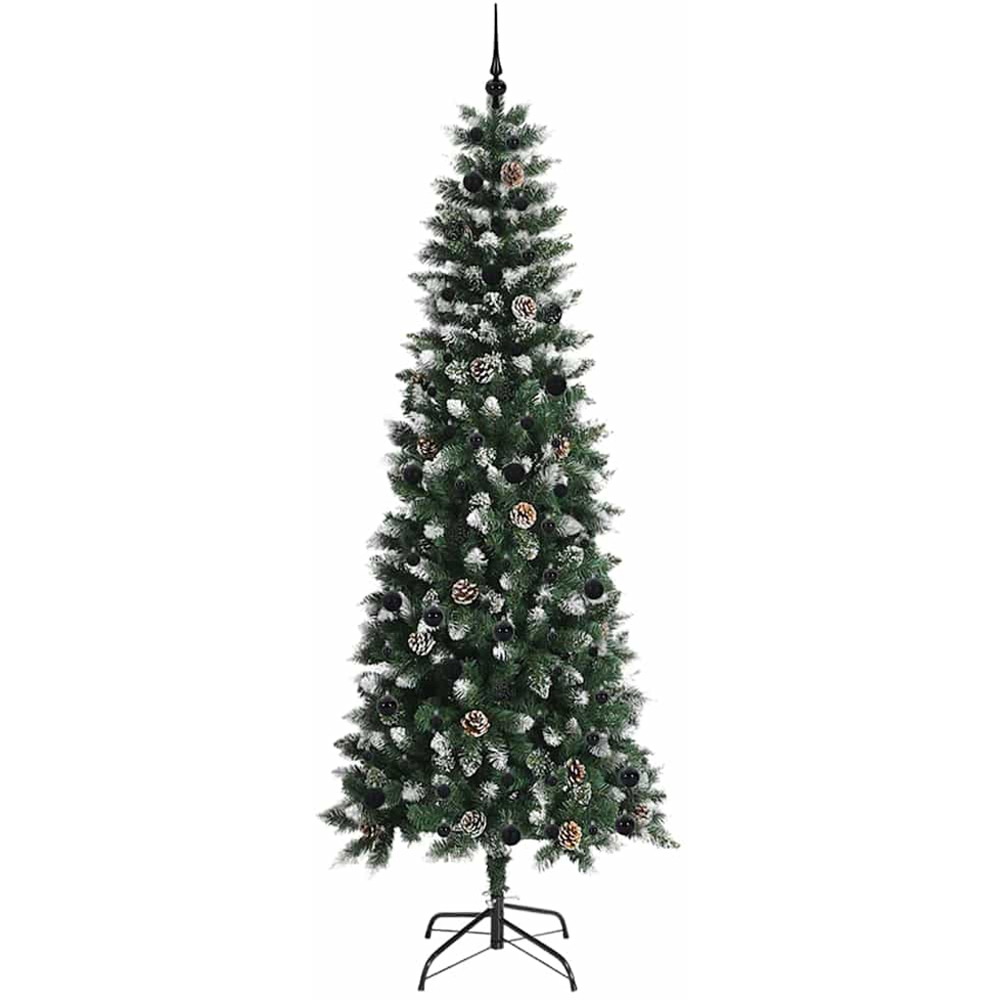 vidaXL Pre-Lit Black Baubles Green Artificial Snow Tipped Christmas Tree 8ft Image 4