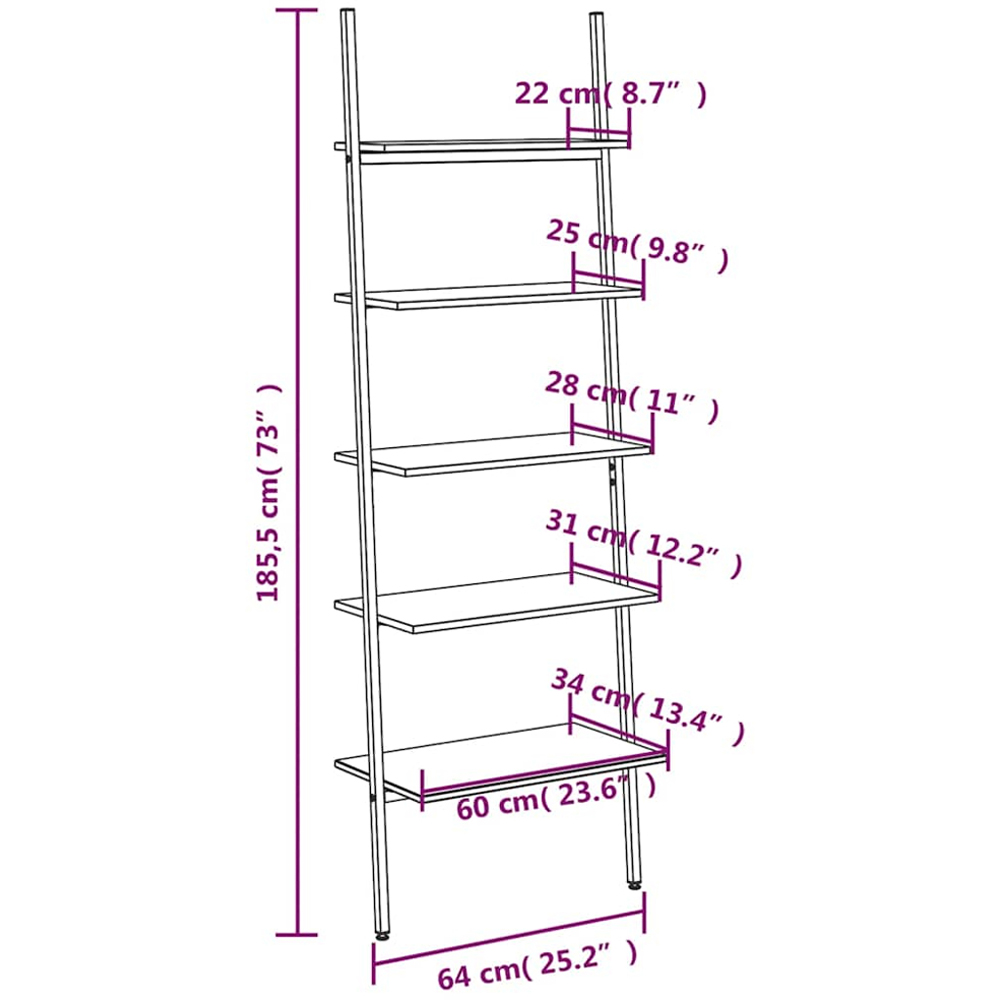 vidaXL 5-Tier Dark Brown and Black Leaning Shelf Image 8