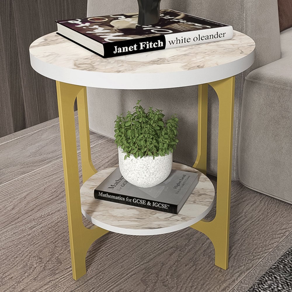 Decorotika Versy White Marble Effect and Gold Round End Table Image 1